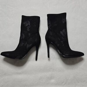 Black Floral Stretch Sock Ankle Boots with Stiletto Heel
